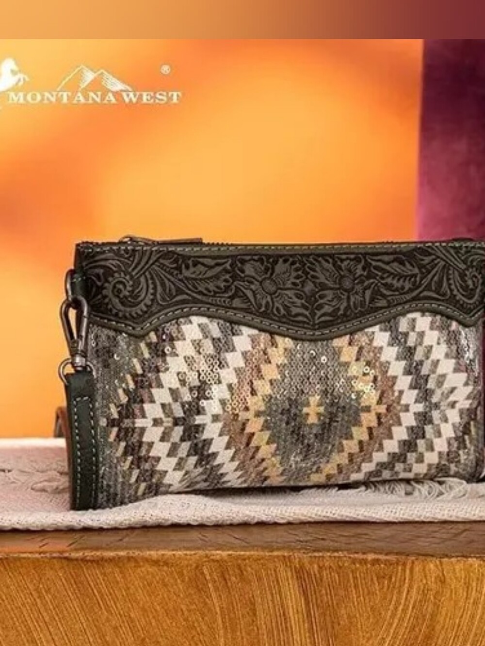 Montana West Green Sequin Aztec Tooled Crossbody / Wristlet